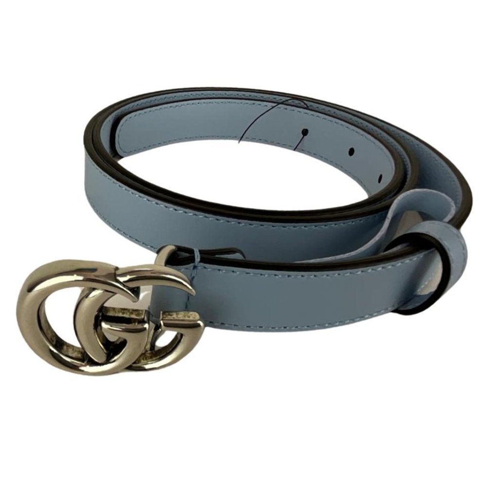 Gucci Women's Light Blue Leather Belt Logo Silver GG Buckle Sz 90.36